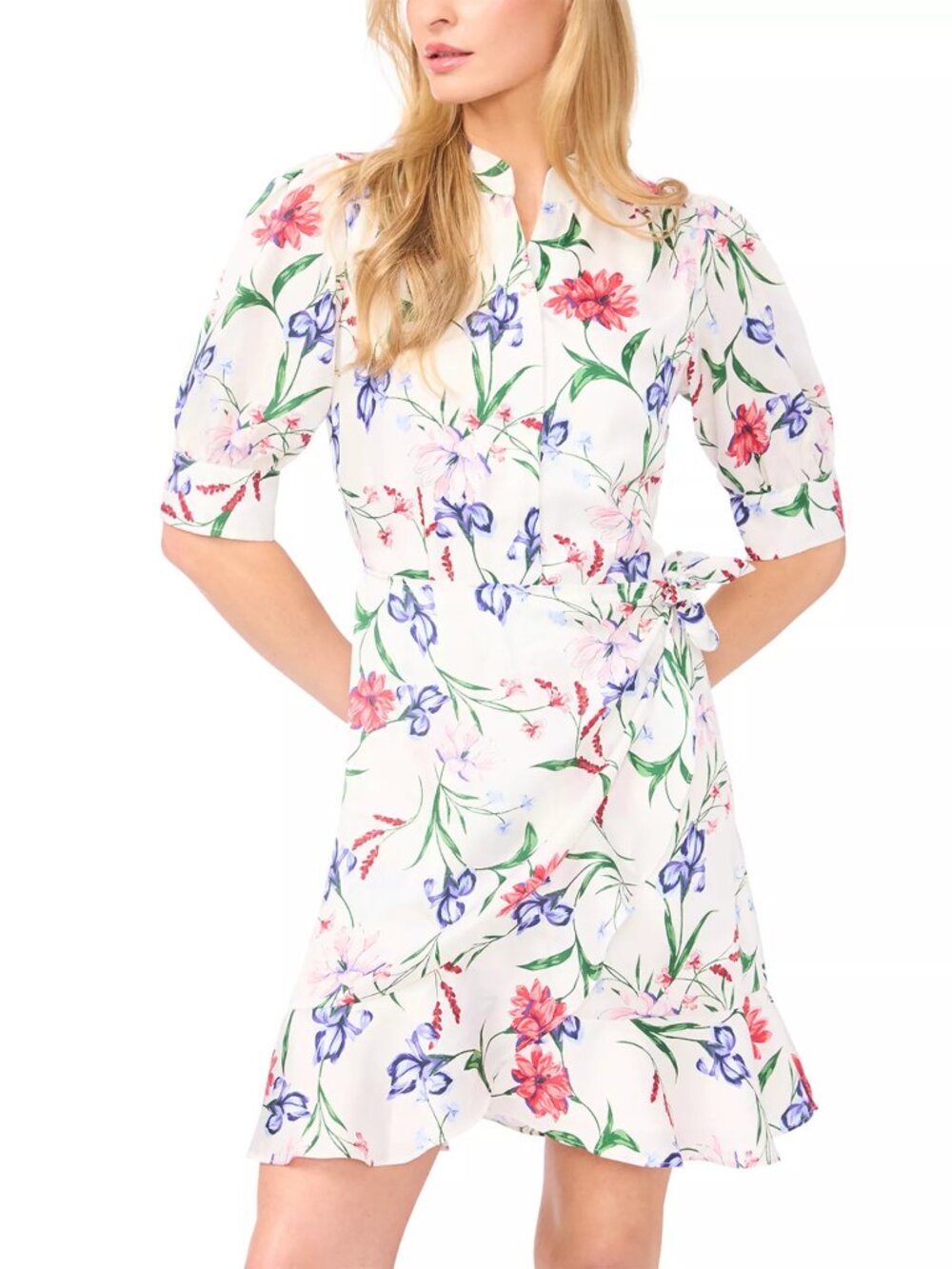 ✨CeCe Floral Ruffle Wrap Dress Small NWT Open Collar Short Sleeve Tie Waist